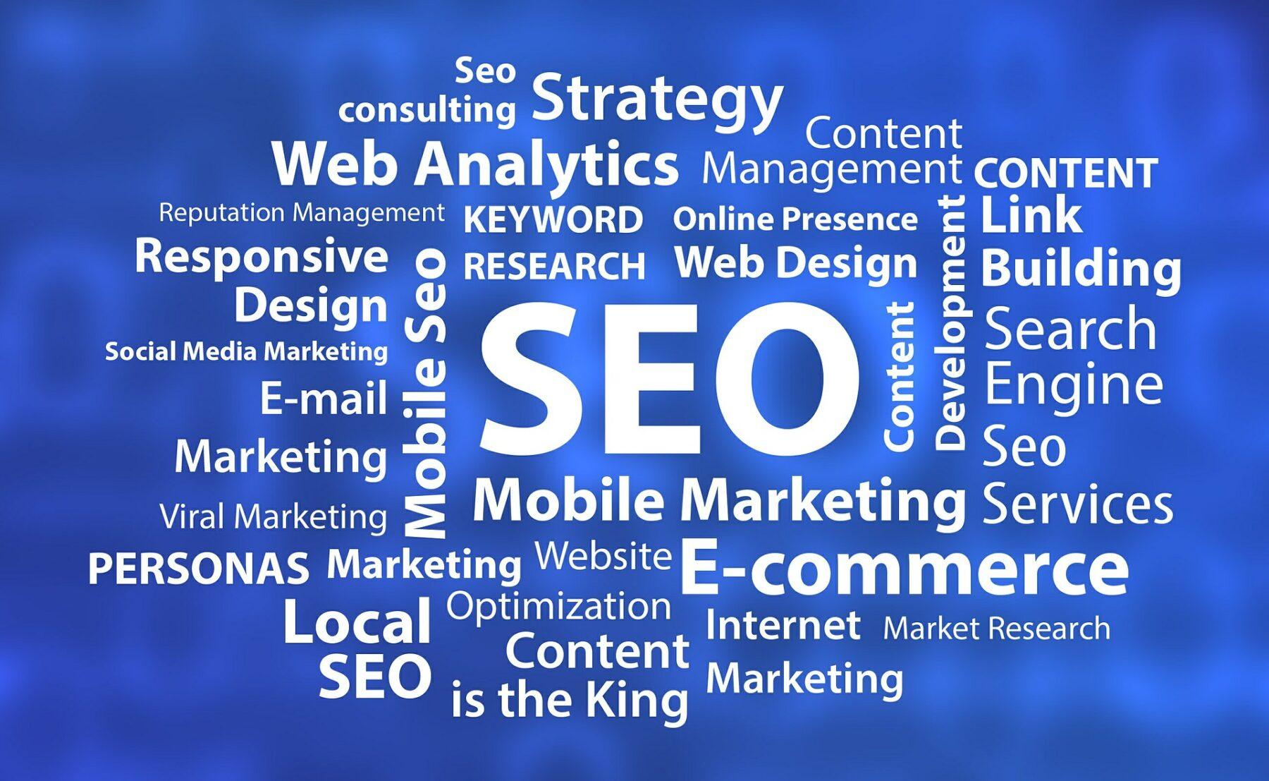 A blue word chart shows various business words like SEO, Content Marketing, Social Media, and Web Analytics.