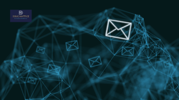 Graphic showing a depiction of an email being sent through the internet.